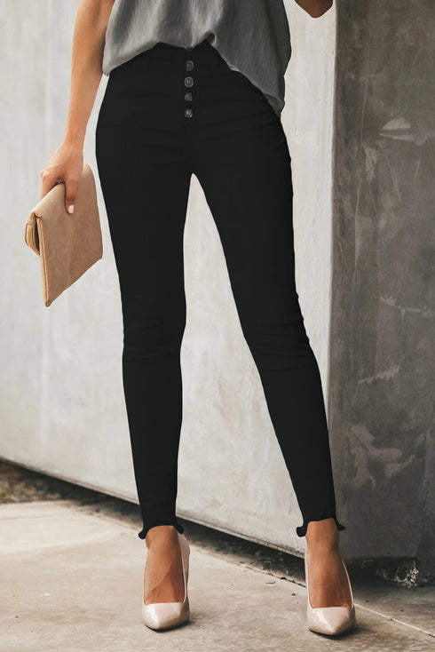 Plain High Waist Buttons Frayed Cropped Denim Jeans